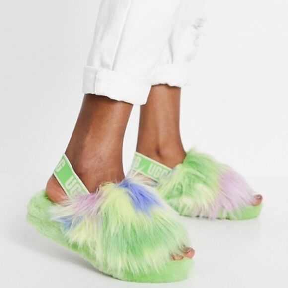 Fluff‎ Yeah Slide Tie Dye Slippers In Green UGG Austrailia WOMENS SIZE 6 NEW - Picture 1 of 5